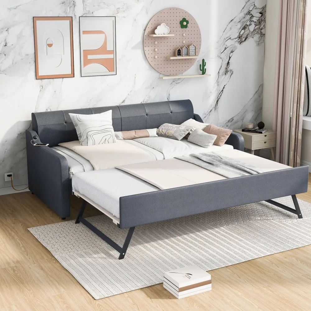 Twin Size Upholstery DayBed with Trundle and  Charging Design Trundle can be flat or erected