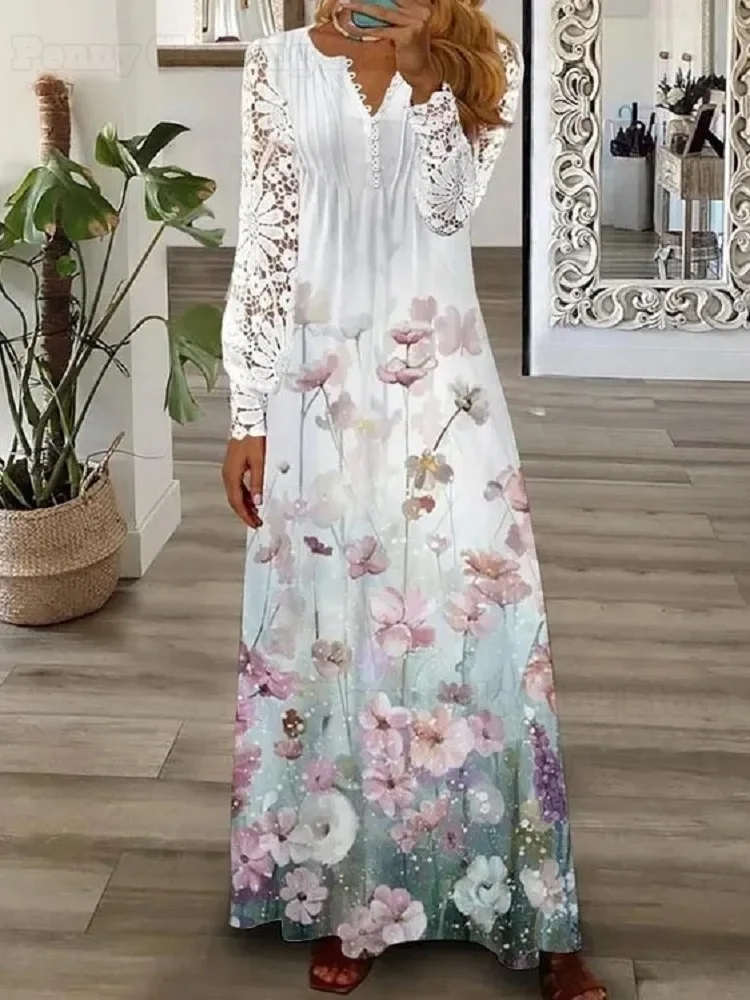 2024 Spring And Summer Women's New Fashion European And American Lace Long Dress Long Sleeve Short Sleeve Long Dress