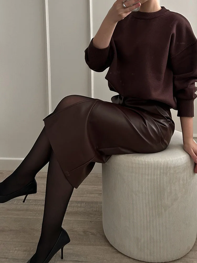 Long Leather Skirts For Women Brown High Quality PU Midi Bodycon Skirt Front Split High Waist Women's Leather Skirt Black Midi