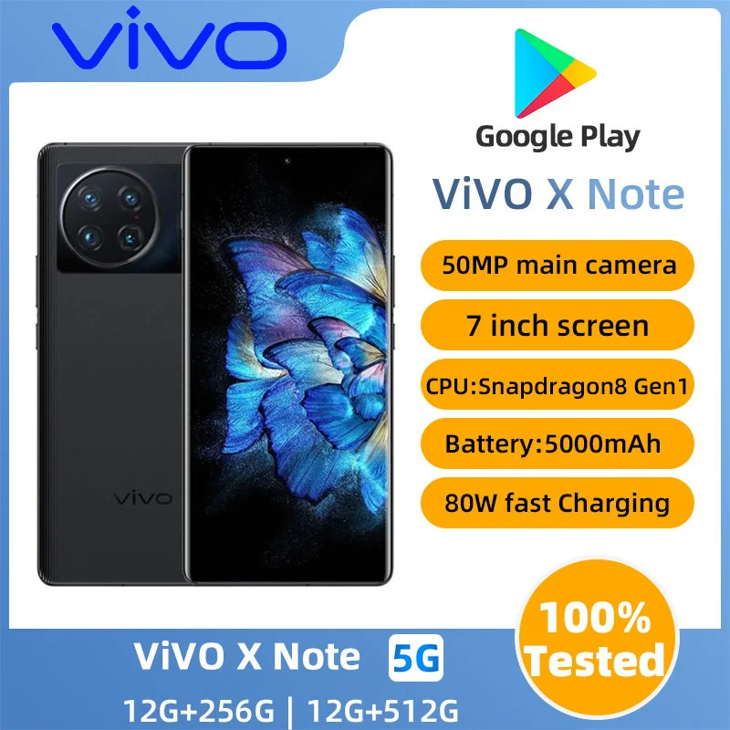 VIVO X Note 5G SmartPhone 7inches Screen  ROM 256GB  5000Mah 50MP 5X  Snapdragon8 Gen1 80W Super 50W Wireless Charge  used phone