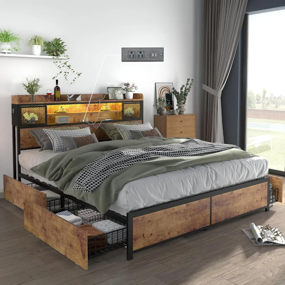 Full Bed Frame with 4 Storage Drawers,LED Bed Frame with Outlets and USB Ports,Metal Platform Bed Frame Size with 3-Tier Storage