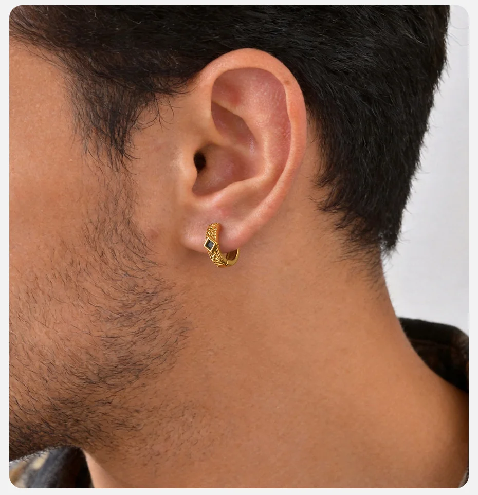 Vnox Vintage geometrische Creolen für Männer und Jungen, Edelstahl-Ohrringe mit weißem und schwarzem Zirkon, 4 mm breit, Punk-Schmuck, Geschenk – Detail 3