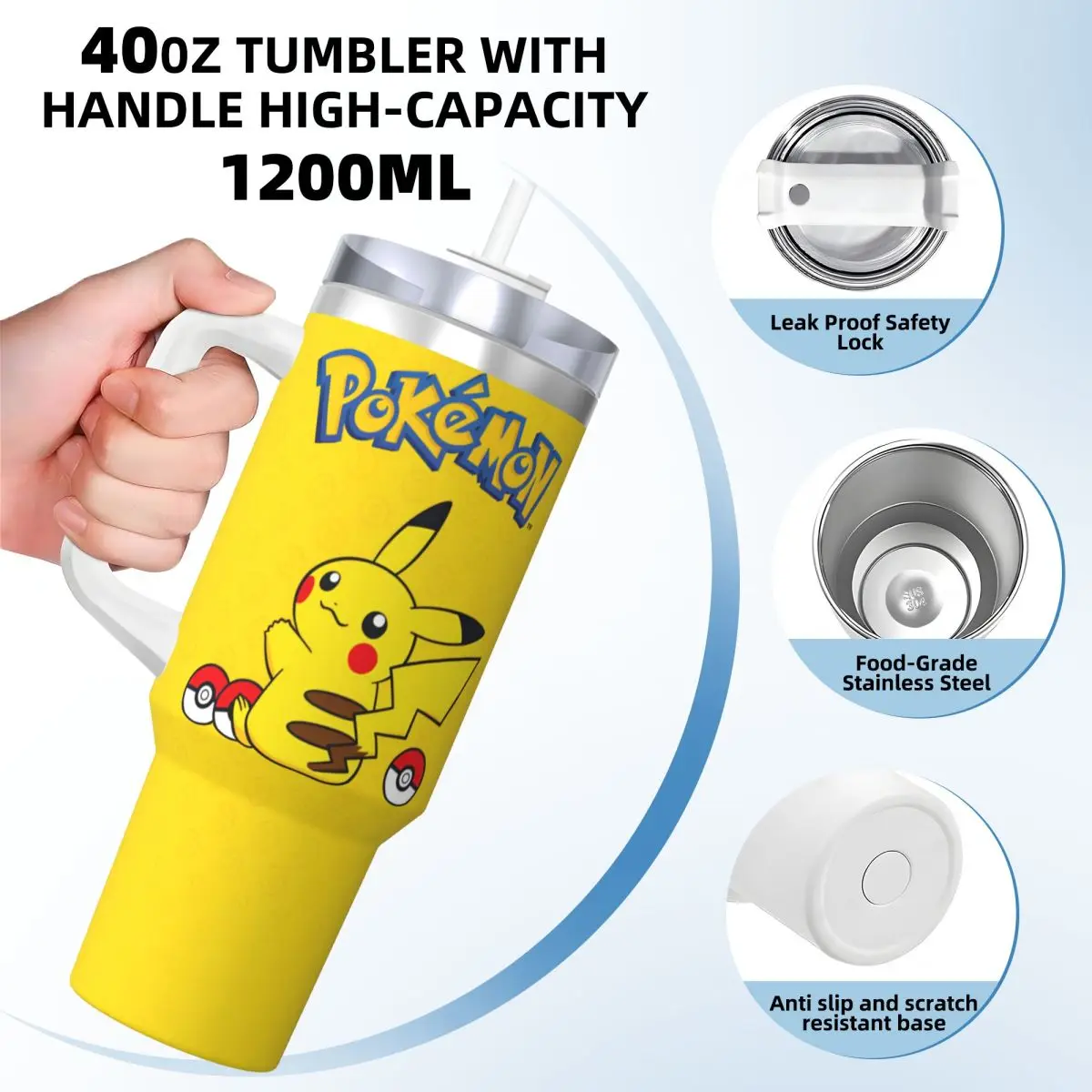 Japanese Anime Pokemon Stainless Steel Tumbler Travel Thermal Cups With Straws and Lid 40oz Car Mugs Cold and Hot Water Bottle