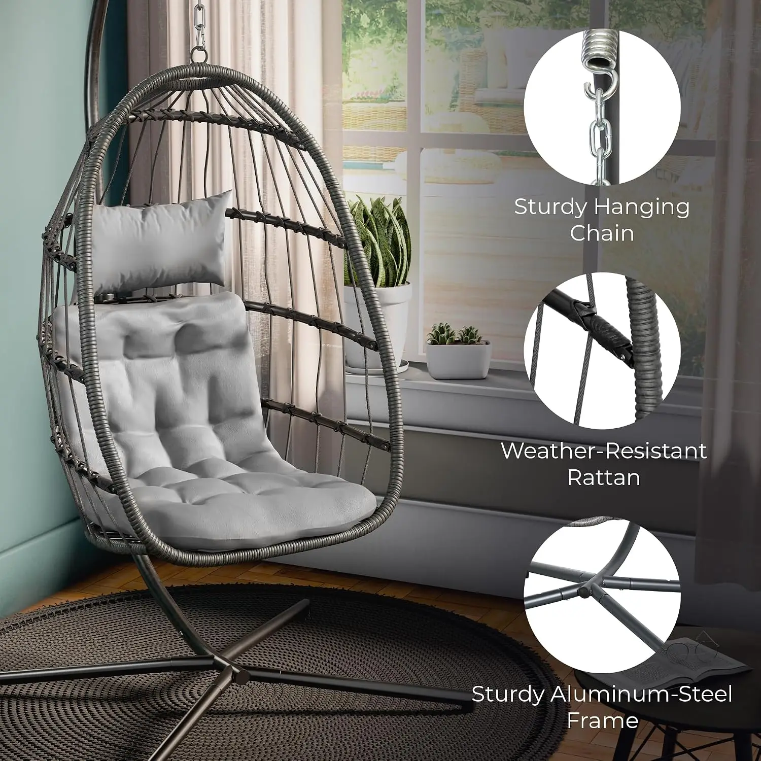 Hanging Egg Chair with Stand & Cushions Indoor Outdoor Swing Chair 350LBS Capacity for Bedroom Balcony Garden Patio, Customized
