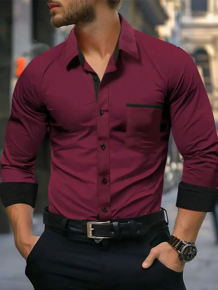 Men's Burgundy Long Sleeve Casual Shirt with Black Trim, Button-Down, Chest Pocket