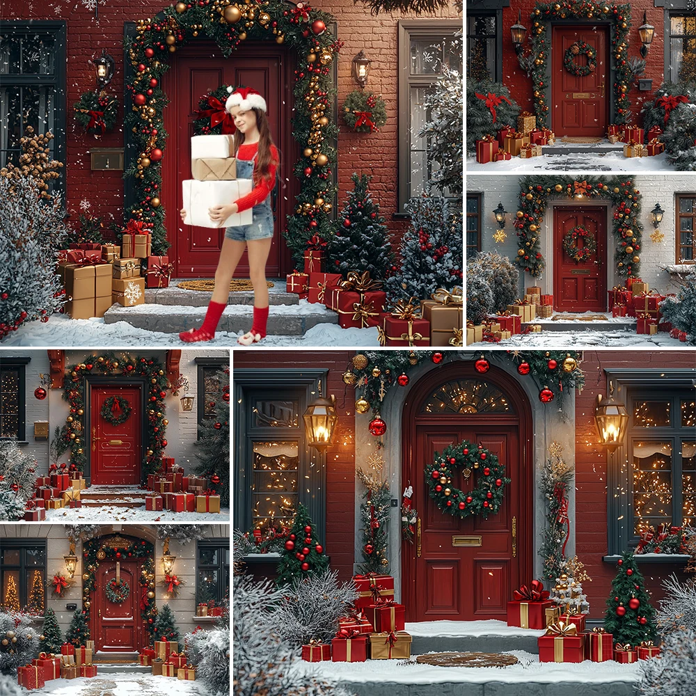 พื้นหลังประตูไม้สำหรับถ่ายภาพเทศกาลคริสต์มาสฤดูหนาวอุปกรณ์ตกแต่งพวงมาลัยของขวัญวันคริสต์มาสฉากหลังถ่ายภาพบุคคลสาว