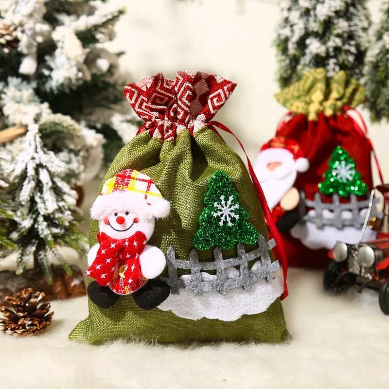 2023 Christmas Decoration Cute Old Man Snowman Fence Tote Bag Candy Gift Drawstring Pocket Kids Holiday Gift Bag Bolsa De Regalo