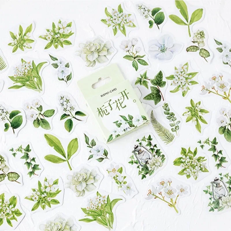 46pcs per box Box fresh hand account plant stickers Gardenia blossom Mini Box packing Packaged Stickers 4CM