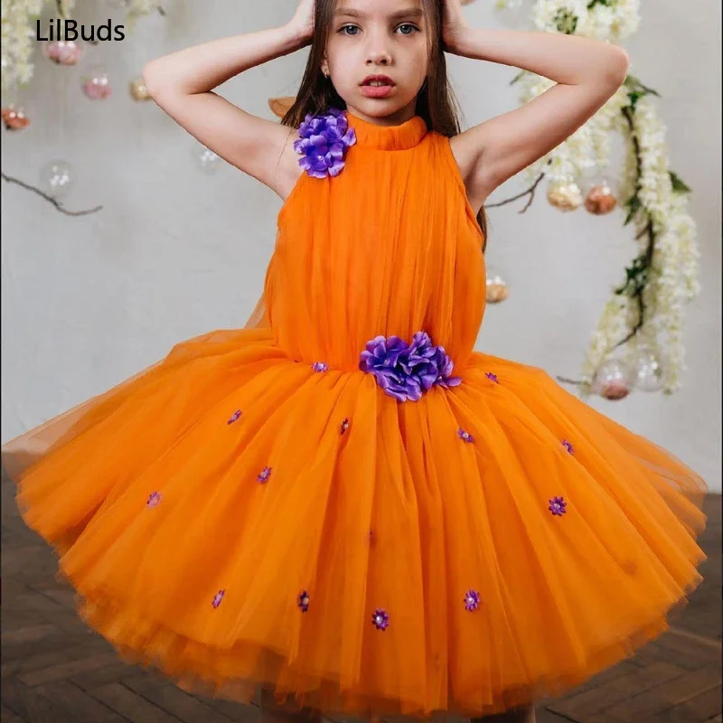 2024 Children Orange Birthday Party Princess Dress Kids Costume New Sleeveless Neck Cute Infant Flower Girl Show Elegant Clothes