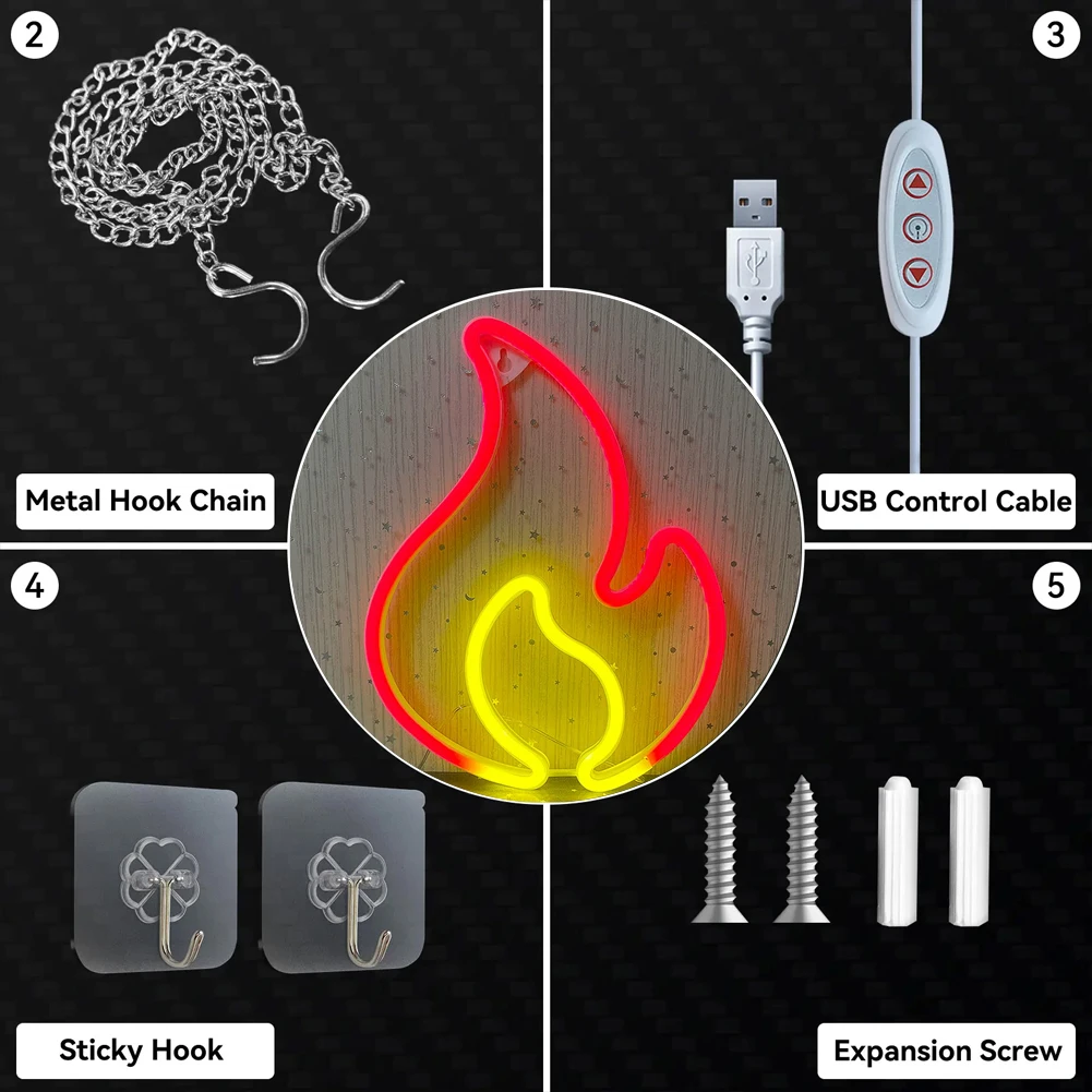 Sinal de néon de chama - luz de parede LED vermelha com alimentação USB - decoração de festa regulável para casa, quarto de crianças e presentes - pendurado ou mesa