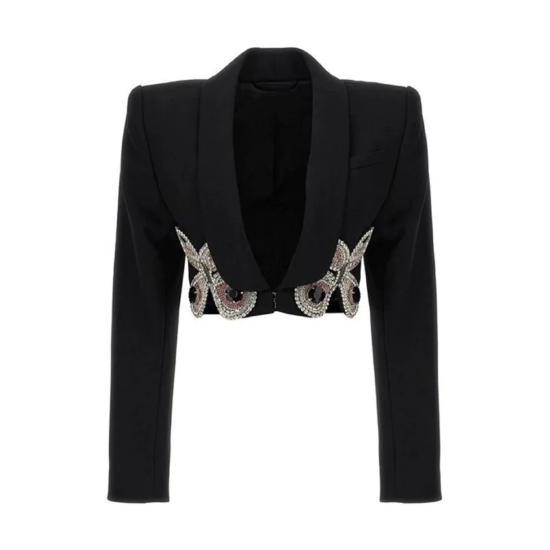 Beachapche  Water Drill Butterfly Short Suit Jacket 2023 New Spring Autumn Fashion Lady Long Sleeve Shoulder Pad Bllack Blazers