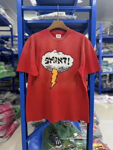 SAINT Mx6 SS26 American Vintage Lightning Cloud Letter Printed Fashion Round Neck Washed Short Sleeve High Street Loose T-shirt