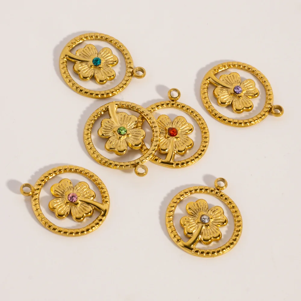 10Pcs Four Leaf Clover Charms Stainless Steel Rhinestone DIY Round Pendants Flower Jewelry Accessories