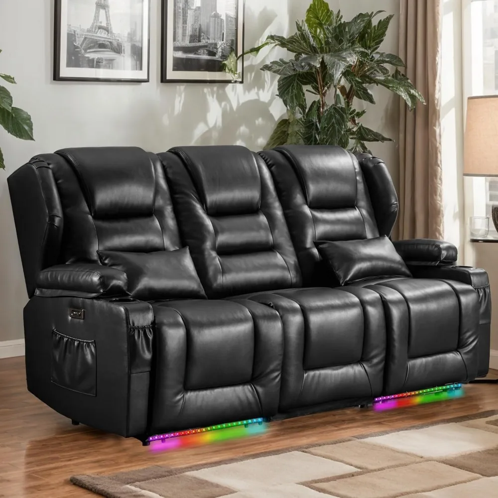 

Power Loveseat Recliner Sofa, Faux Leather 3-seater Wall Hugger Reclining Sofa, Home Theater Seating Chair With Cup Holders,