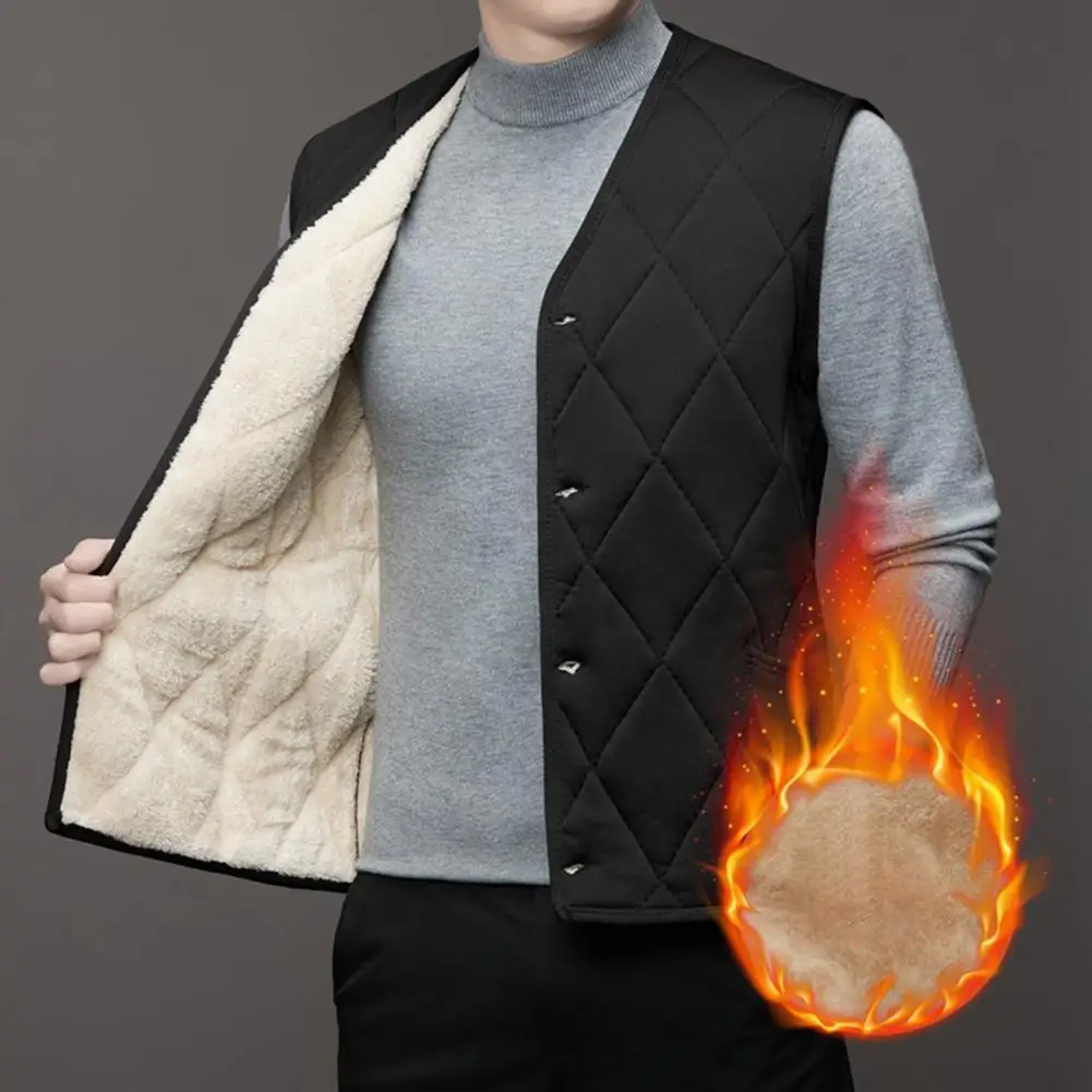 Men Warm Vest Coat Single-breasted Cozy Plush Lining Jacket Solid Color Plus Size Warm Thick Waistcoat Men Winter Outerwear