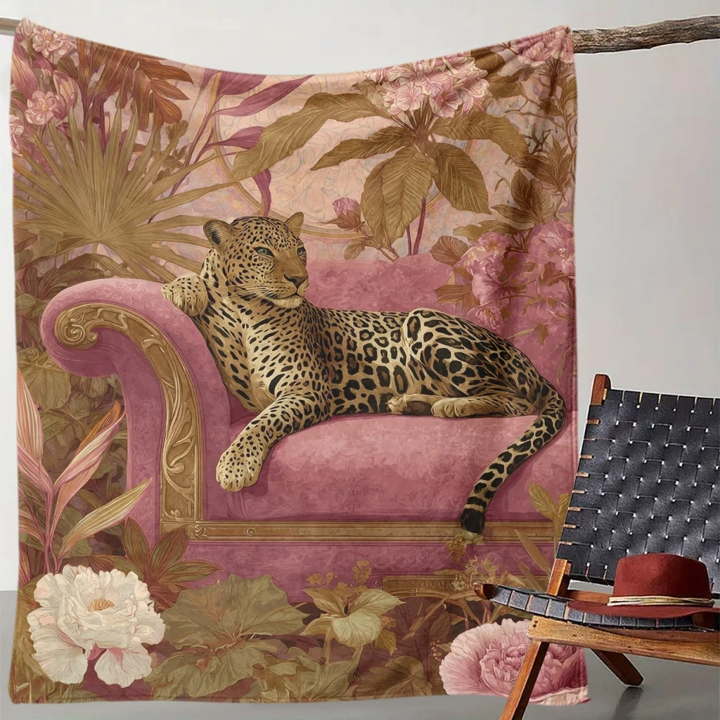 1pc of Comfortable Leopard Floral Sofa Digital Print Blanket, Suitable for All Seasons, Sofa Throw, Soft and Comfortable 100% Po
