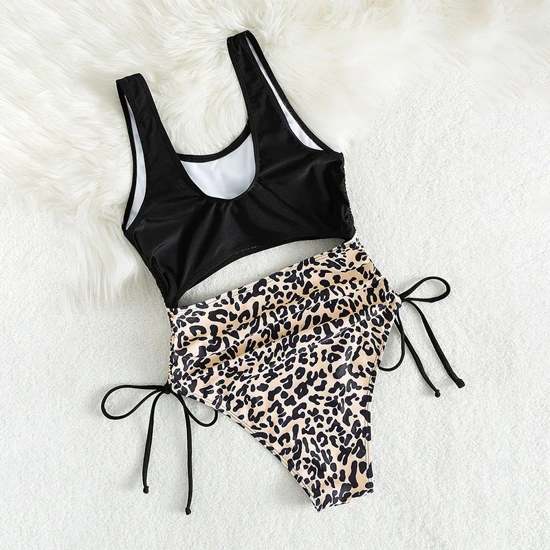 Leopard Print Swimwear One Piece Swimsuit Women 2024 Cut Out Monokini Drawstring Lace-up Bathing Suit High Cut Swimming Wear