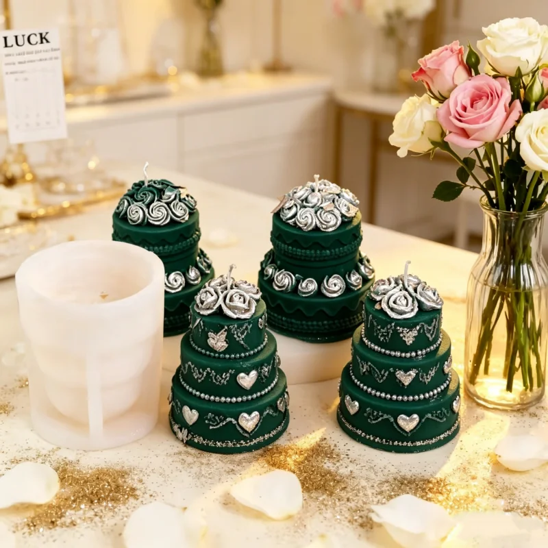 Simluation Rose Cake Candle Mold  3D Tiered Wedding Cake  Molds DIY Intricate Rose Heart Embellished Designs Aroma Wedding Decor