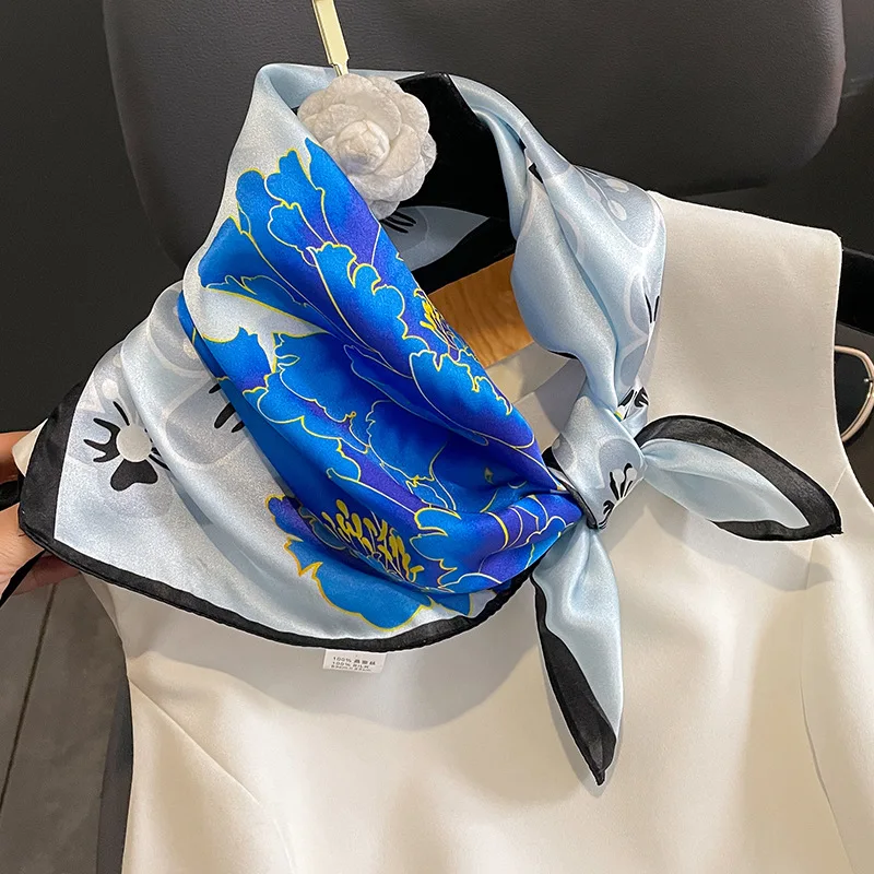 Women Pure Silk Scarf Square Neck Kerchief Bandana Female Floral Hairbands Luxury Small Real Silk Satin Scarves