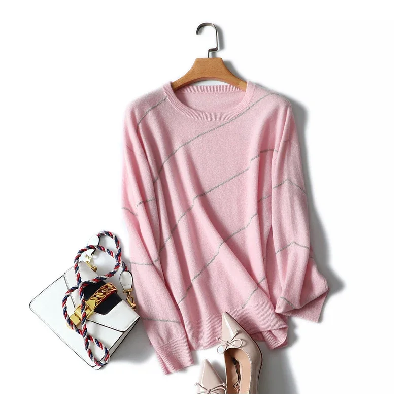 beading decor crew neck fashion pink cozy sweater women casual basic long sleeve knit spring autumn 100% cashmere jumper