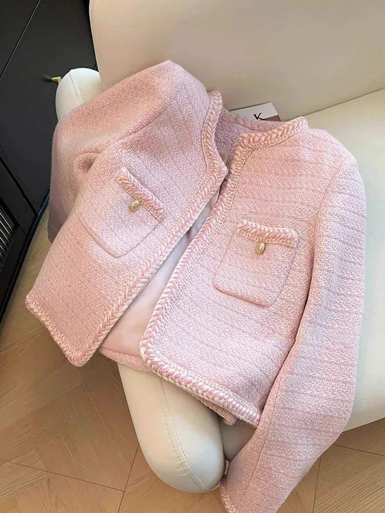 Autumn Winter New Women Sweet Pink Tweed Jackets Elegant Fashion Long Sleeve Patchwork Coat Casual Female Open Stitch Outwear