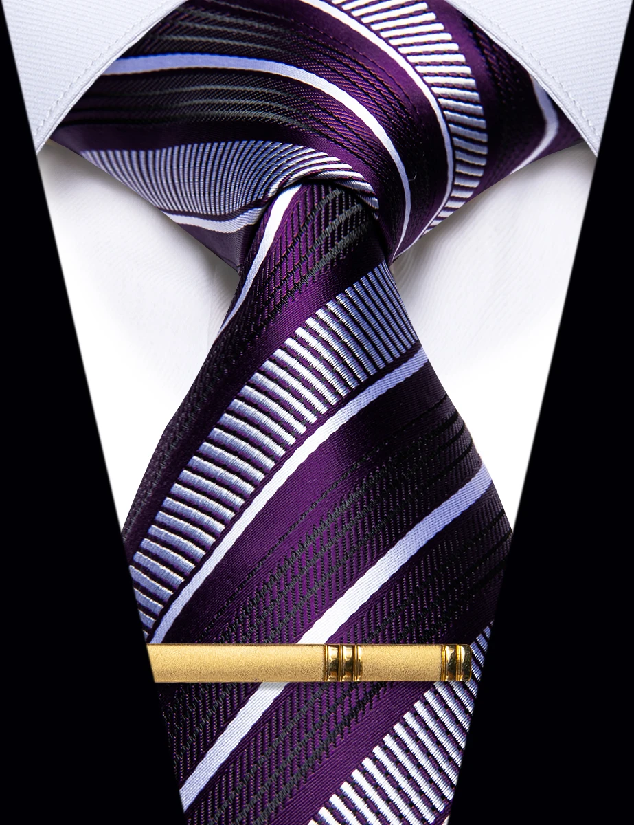 Classic Purple White Striped Men Tie for Business Party Suit Dress Accessories Fashion Necktie Clip Set corbatas para hombre