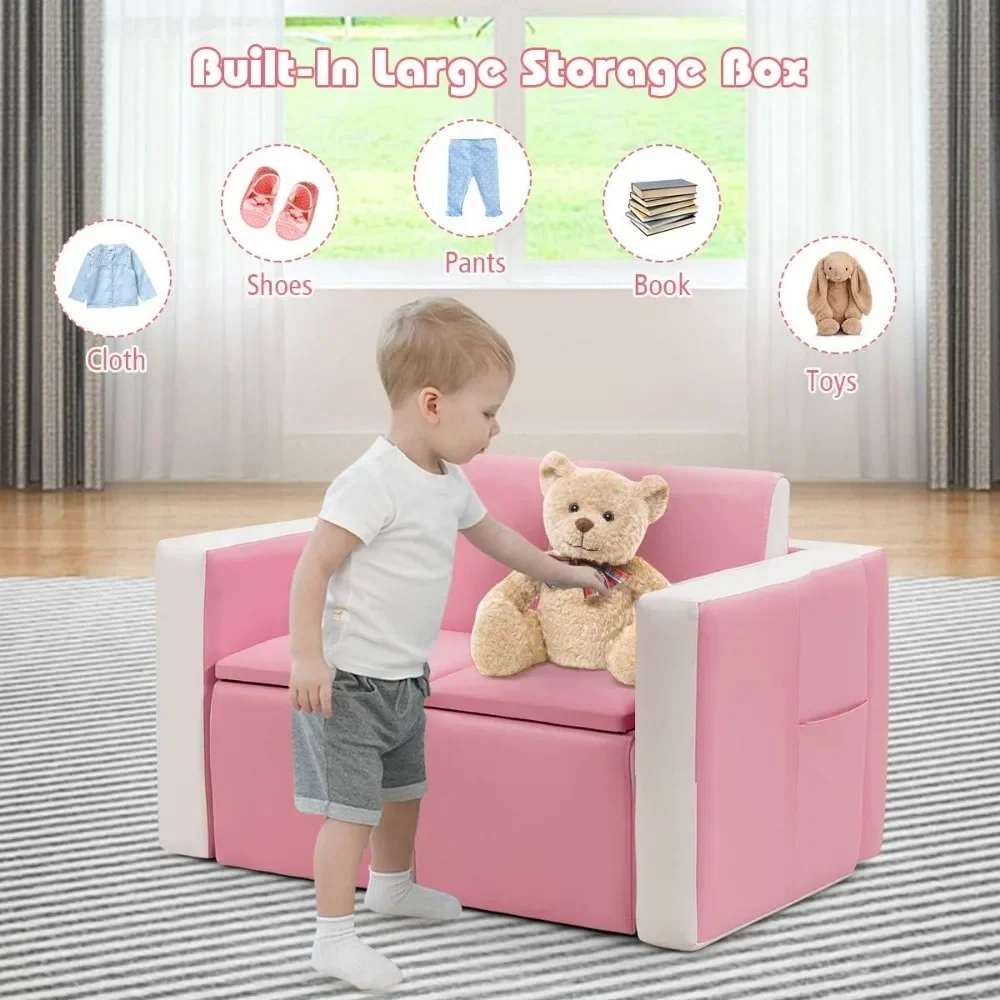 Sofá Convertible 2 en 1 para niños, mueble de dos plazas con almacenamiento, Chaise Longue de cuero de PVC