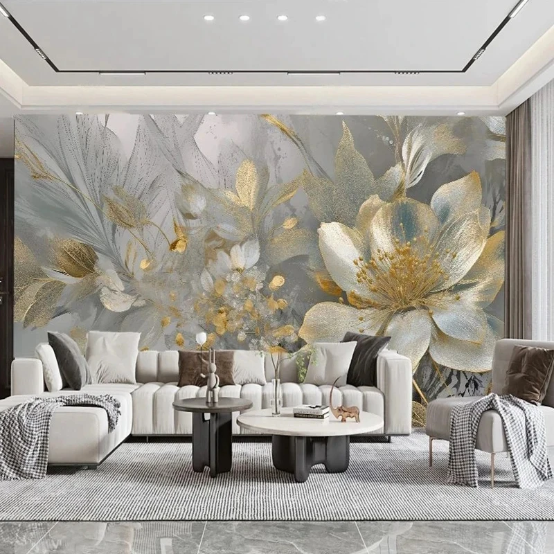 Custom Large Mural Paper 3D Luxury Golden Flowers Painting Wallpaper for Wall Bedroom Living Room TV Background Home Decoration