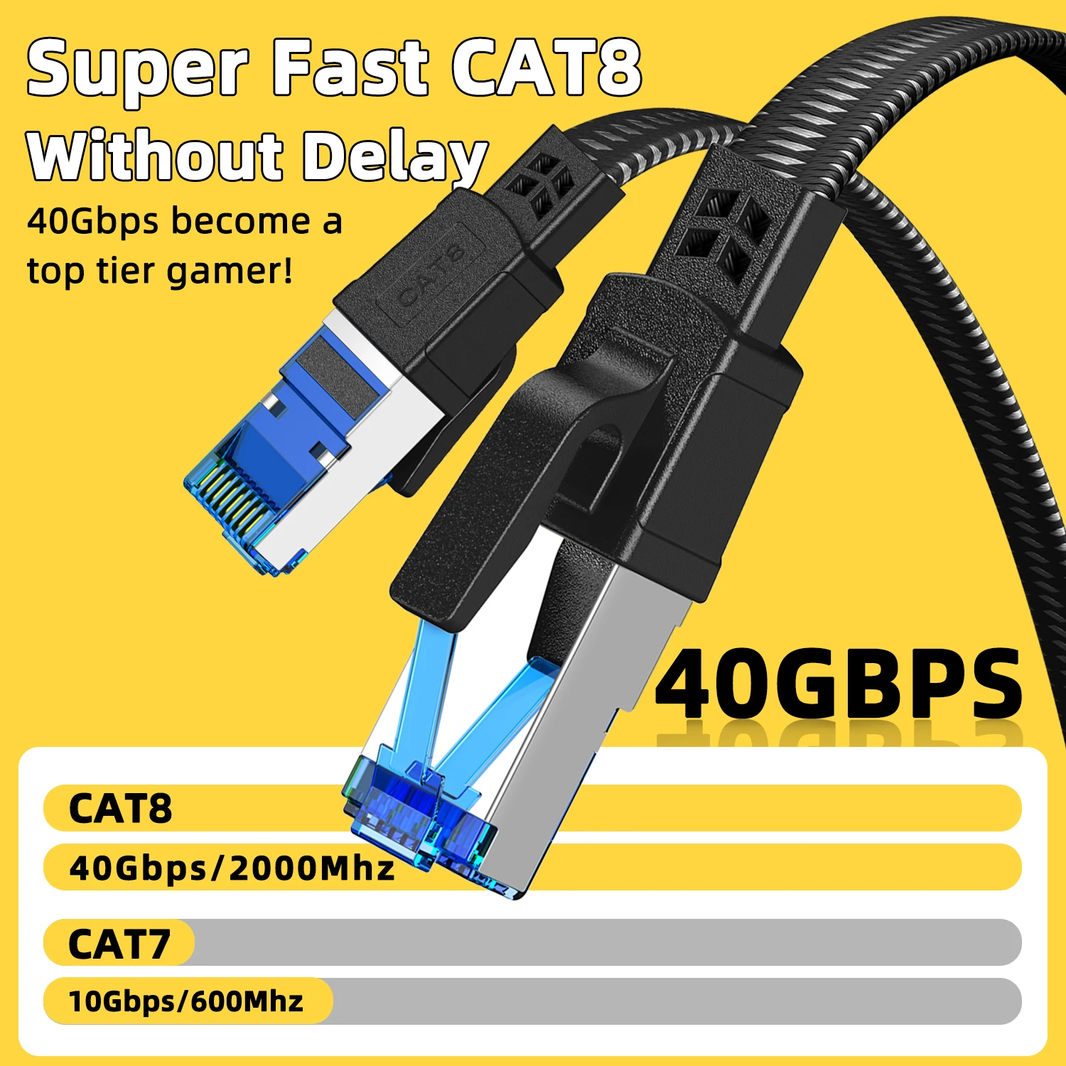 Ethernet Cable CAT8 40Gbps Nylon Braided RJ45 Flat Internet Network Lan Cord for PC Modem Laptop PS5 Router Cable Ethernet Cat 8