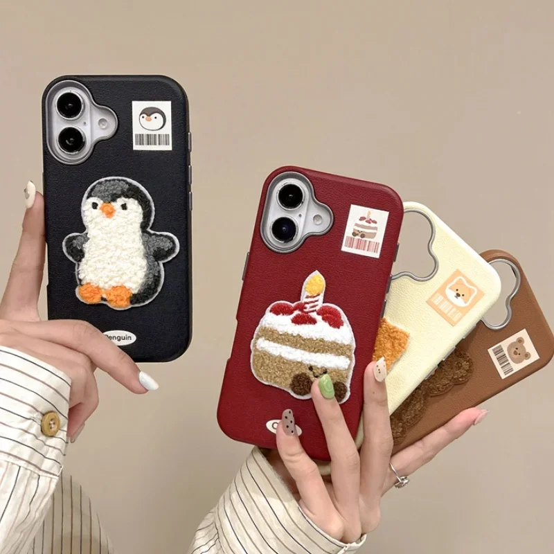 Winter Phone Case Embroidered Jellycat Cake Penguin Bear Suitable Apple 16 Phone Case 15 Pro Max IPhone 14 Couple IPhone Cover