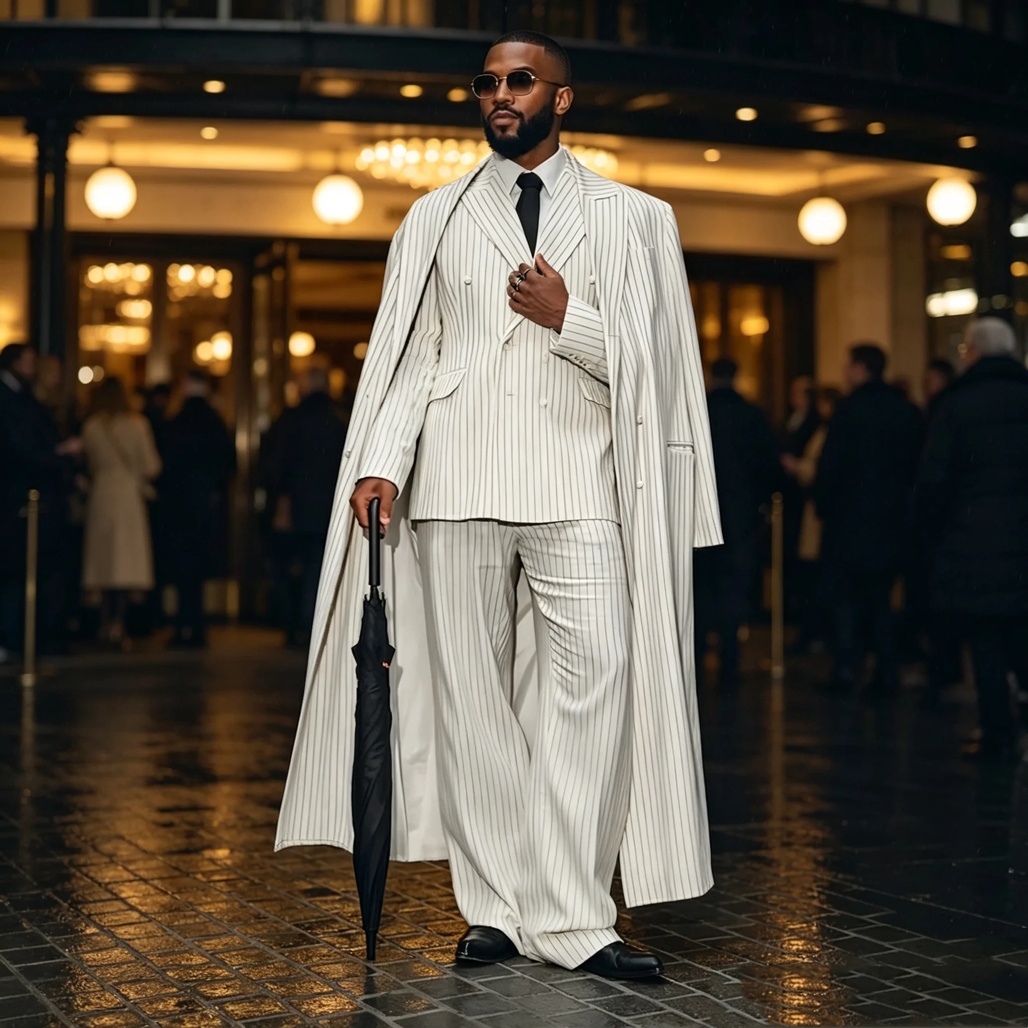 Pinstripe White Men Suits Set 3 Pcs Blazer++Overcoat+Pants Trousers Wedding Tuxedo Formal Office Business Jacket Prom Coat