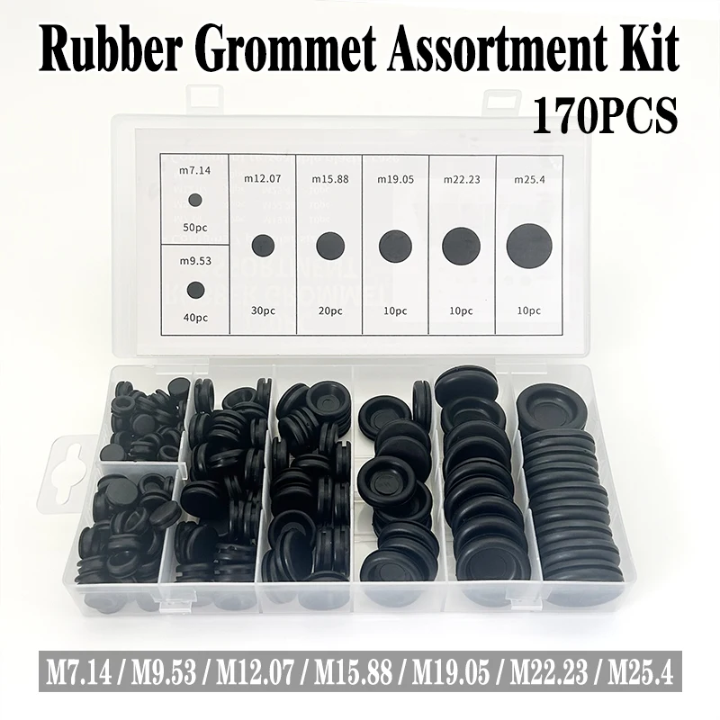 170pcs Black Rubber Grommet Plug Kit Flame Retardant Dustproof Insulating Washers M7.14/M9.53/M12.07/M15.88/M19.05/M22.23/M25.4