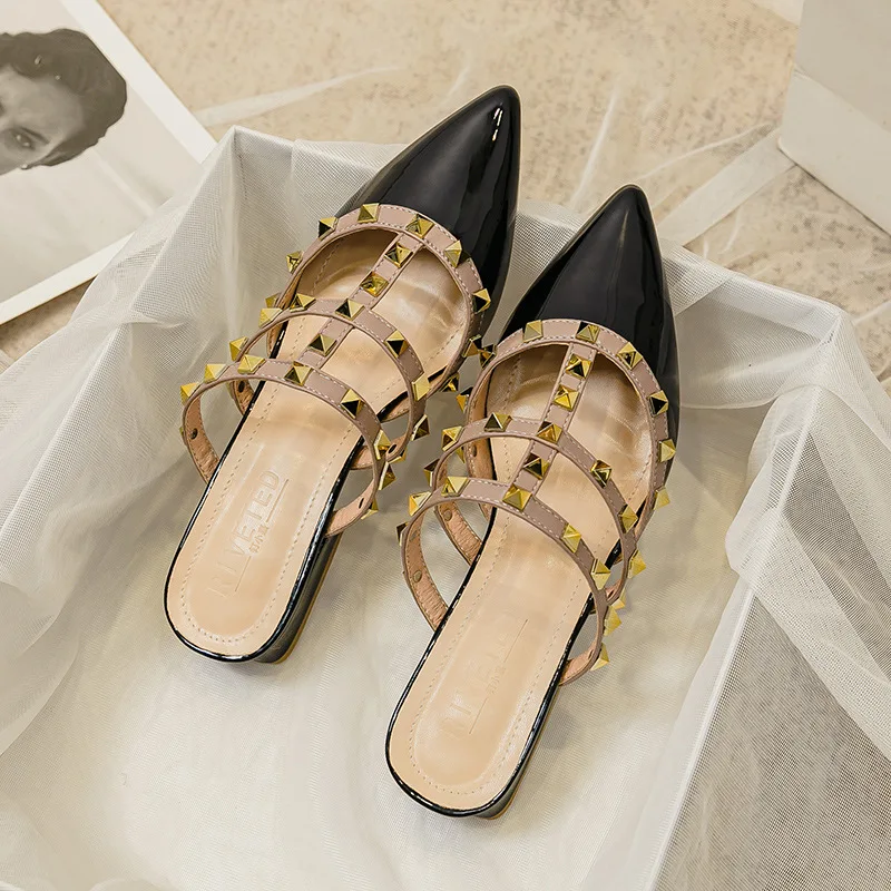 Summer Women's Slippers High Heel British Style Pointed Rivet Design Banquet and Professional Wear Ladies Casual Sandals