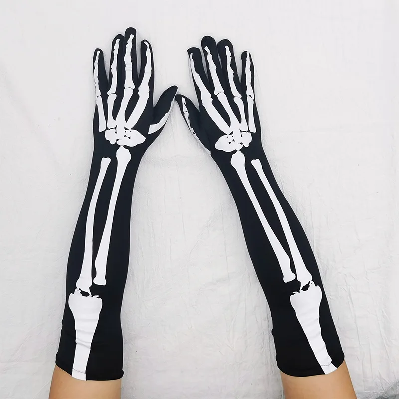 Halloween Ball Party Performance Props Ghost Festival Terror Ghost Claw Black Skull Gloves Cosplay Women\'s Skeleton Long Gloves