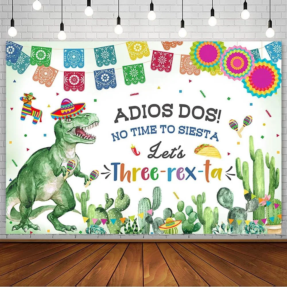 Mexican Third Boys Let's Three-Esta Fiesta Cactus Floral Dinosaur birthday party photo background photography backdrop studio