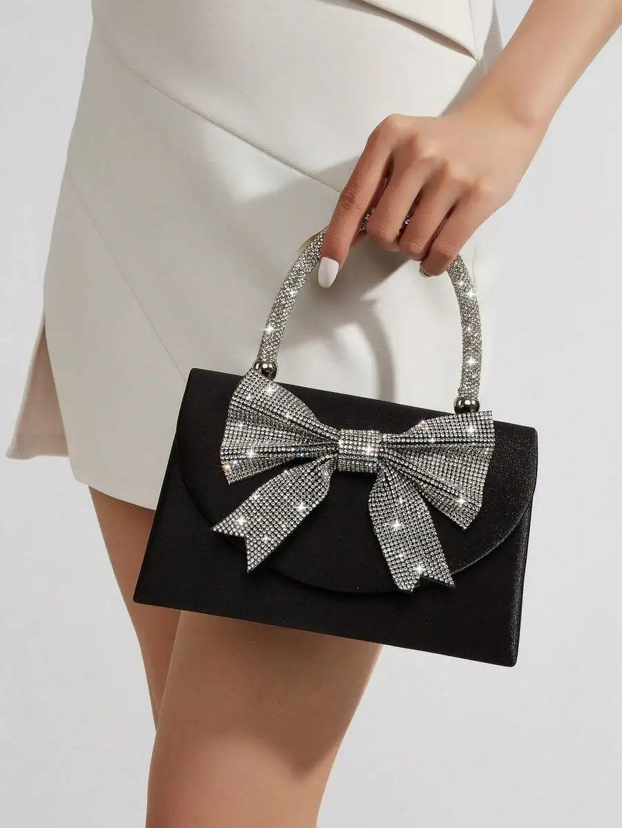 

Black Rhinestone Bow Clutch Bag With Faux Pearl Handle For Party Wedding Gala