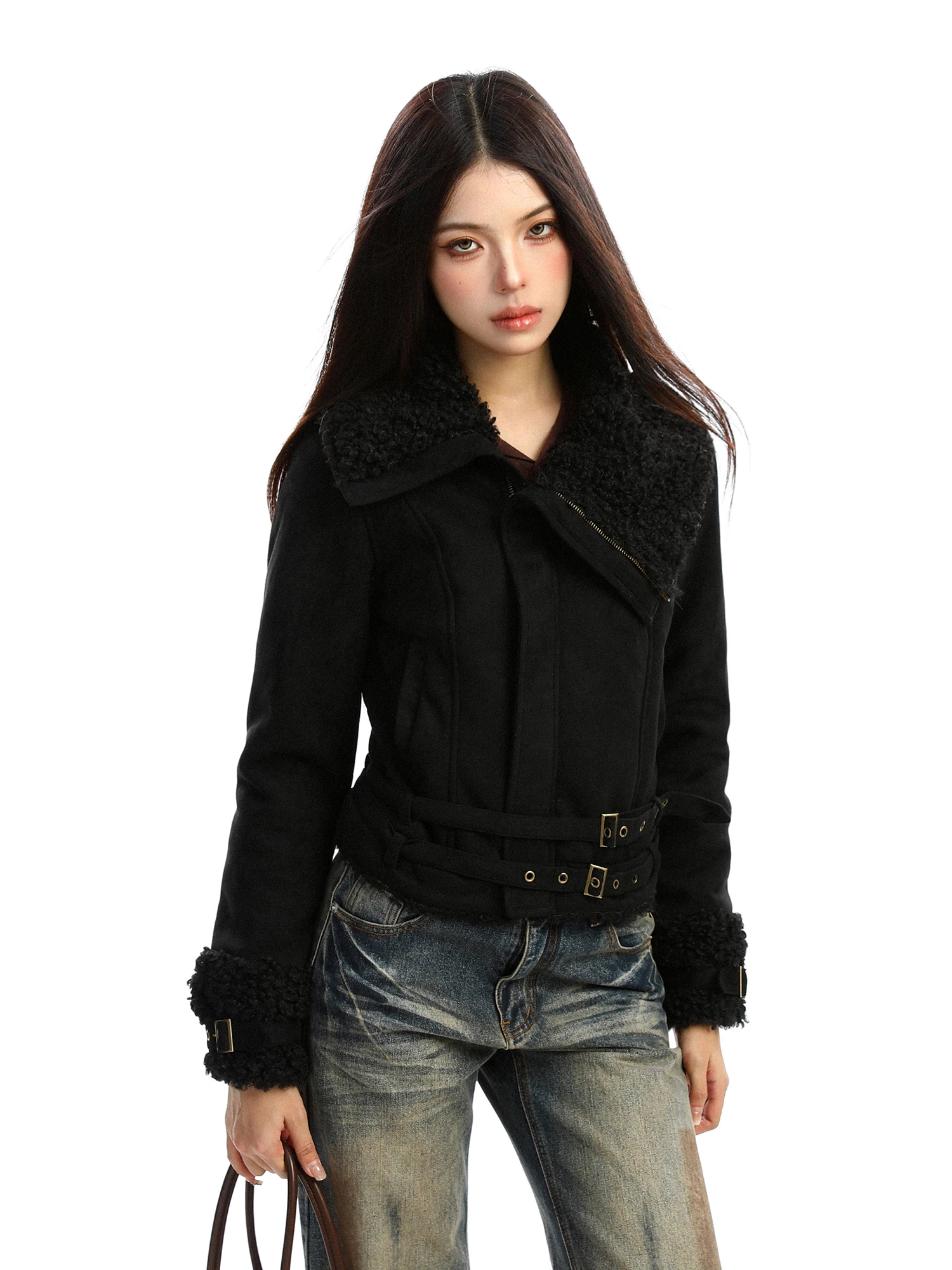 

Biggold Design Lamb Velvet Лоскутное хлопковое пальто женское зимнее облегающее пальто с застежкой-молнией Pure Color для поездок на работу Sle