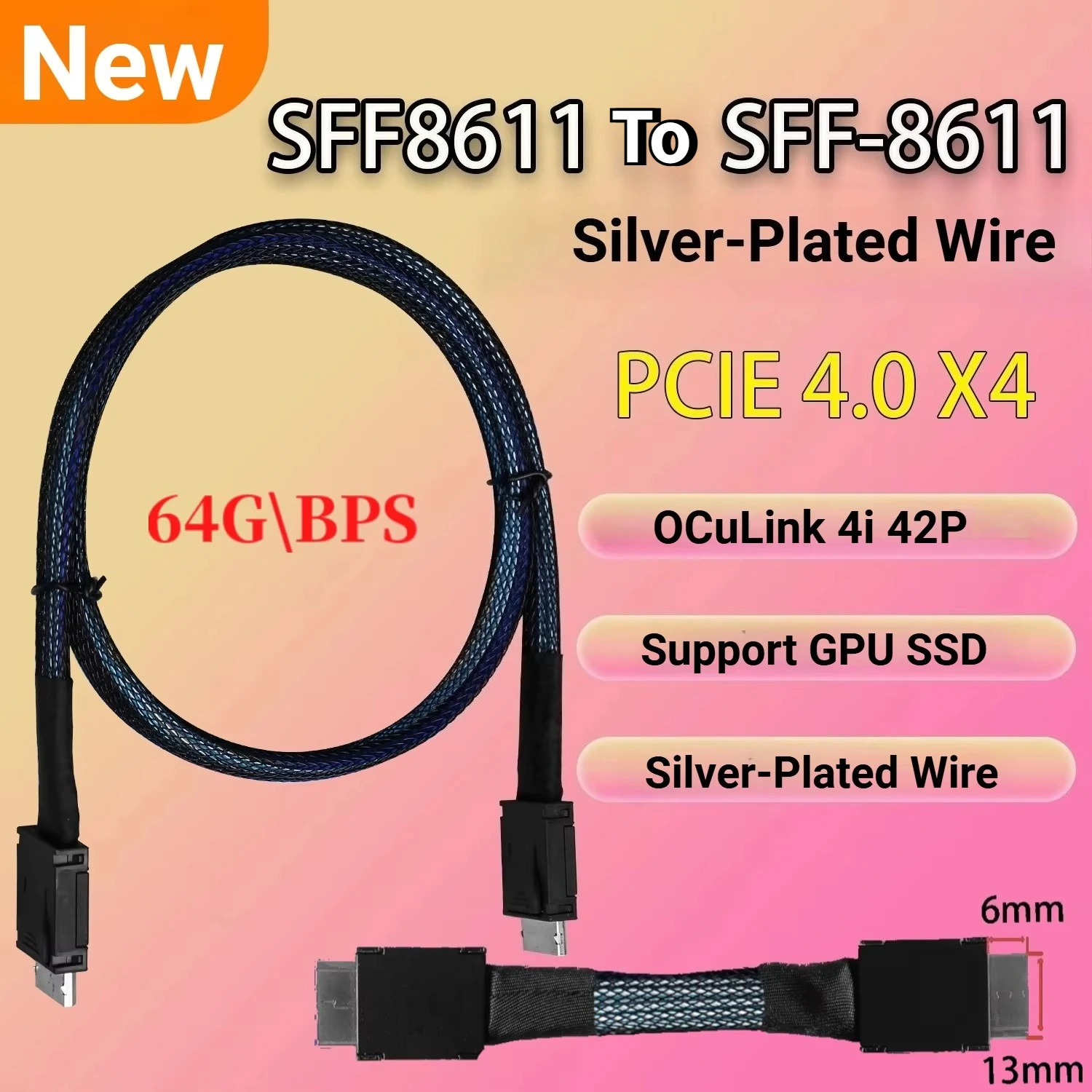 PCIE 4.0 X4 GEN4 Oculink 4i Cable SFF-8611 To SFF 8611 Braided Soft Extension Cable GPU SSD OCuLink 4X Silver-Plated Wire 64Gbps