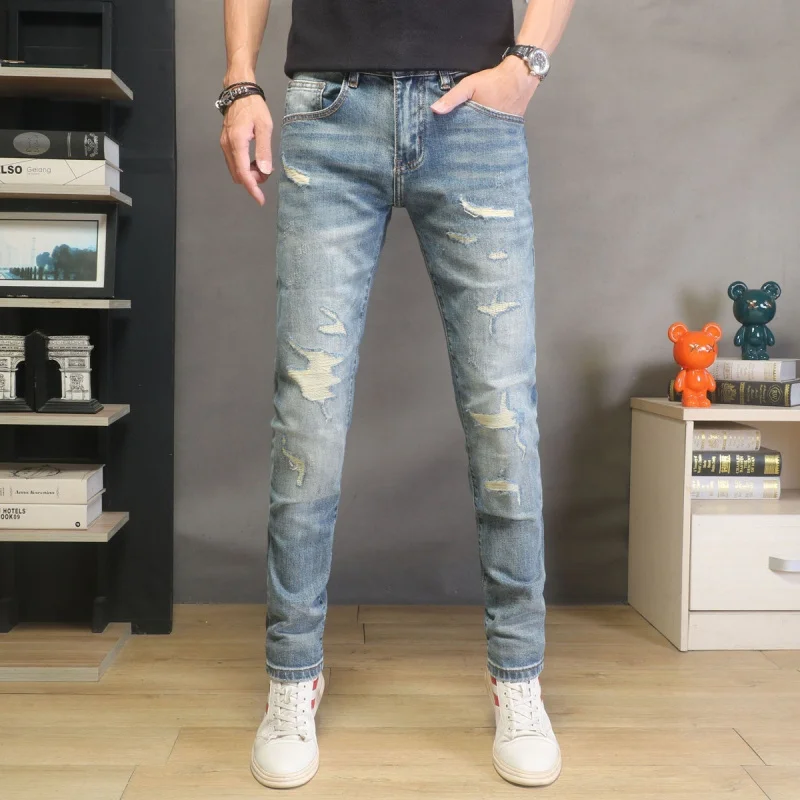 

2026 Autumn New Arrival Men's Ripped Denim Jeans High Quality Vintage Slim Straight Casual Trousers