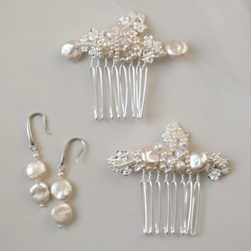 

SLBRIDAL Handmade Alloy Crystal Rhinestones Pearls Bridal Wedding Hair accessories Hair Comb Earrings Women Girls Dress Jewelry