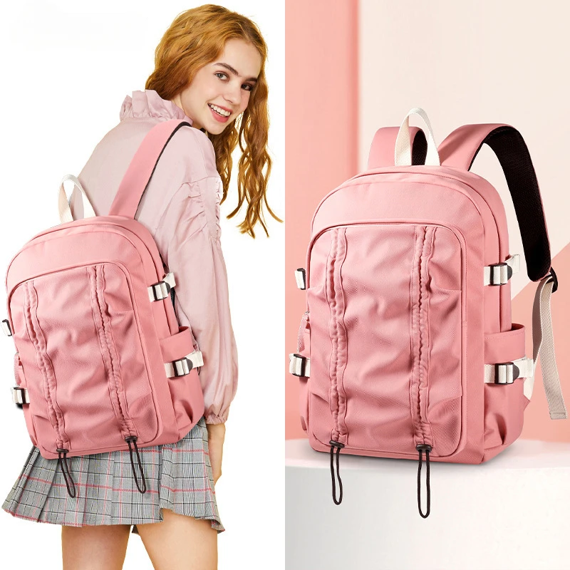 Waterproof Nylon School Backpack for Girls Minimalist Drawstring Travel Pink Backpack Fashion Casual Bookbag Laptop Bag