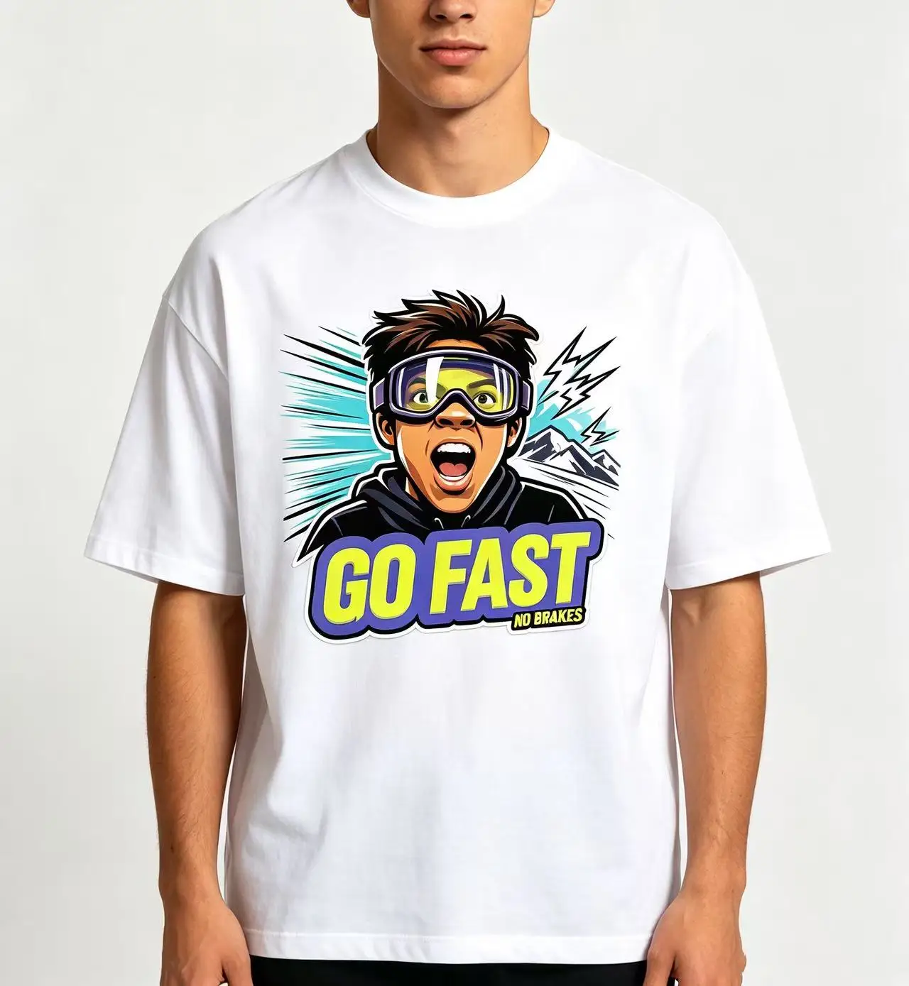 Unisex Go Fast No Brakes Sports Man Goggles Mountain Graphic T Shirt Men Women Cartoon Lightning Print Oversized Crew Neck Short Sleeve Cotton Tee