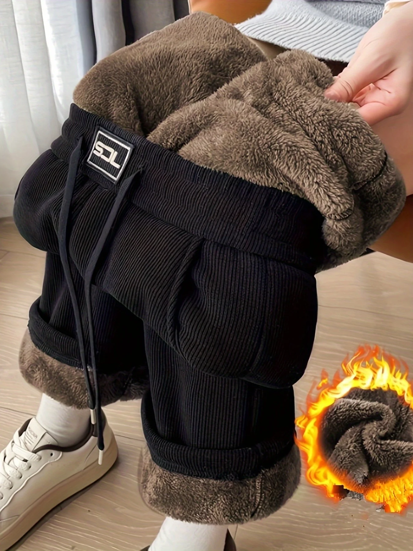 Pantalon d'hiver à jambes larges en polaire pour femme, taille haute, épais et chaud, style sportif décontracté.