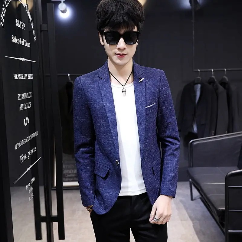 

Spring Casual Slim Fit Plaid Men's Suit Korean Style Outerwear Trendy Youth Leisure Single-Breasted West Coat Formal Wear