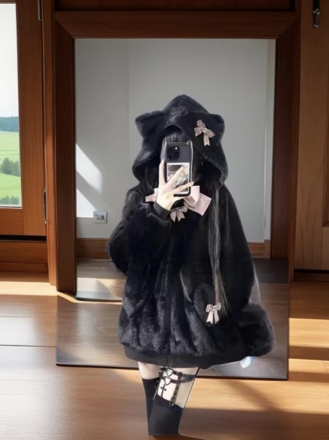

Subculture Y2K Japanese Style Cute Cat Ear Hooded Plush Jacket for Women Winter Sweet Girl Student Versatile Bowknot Coat