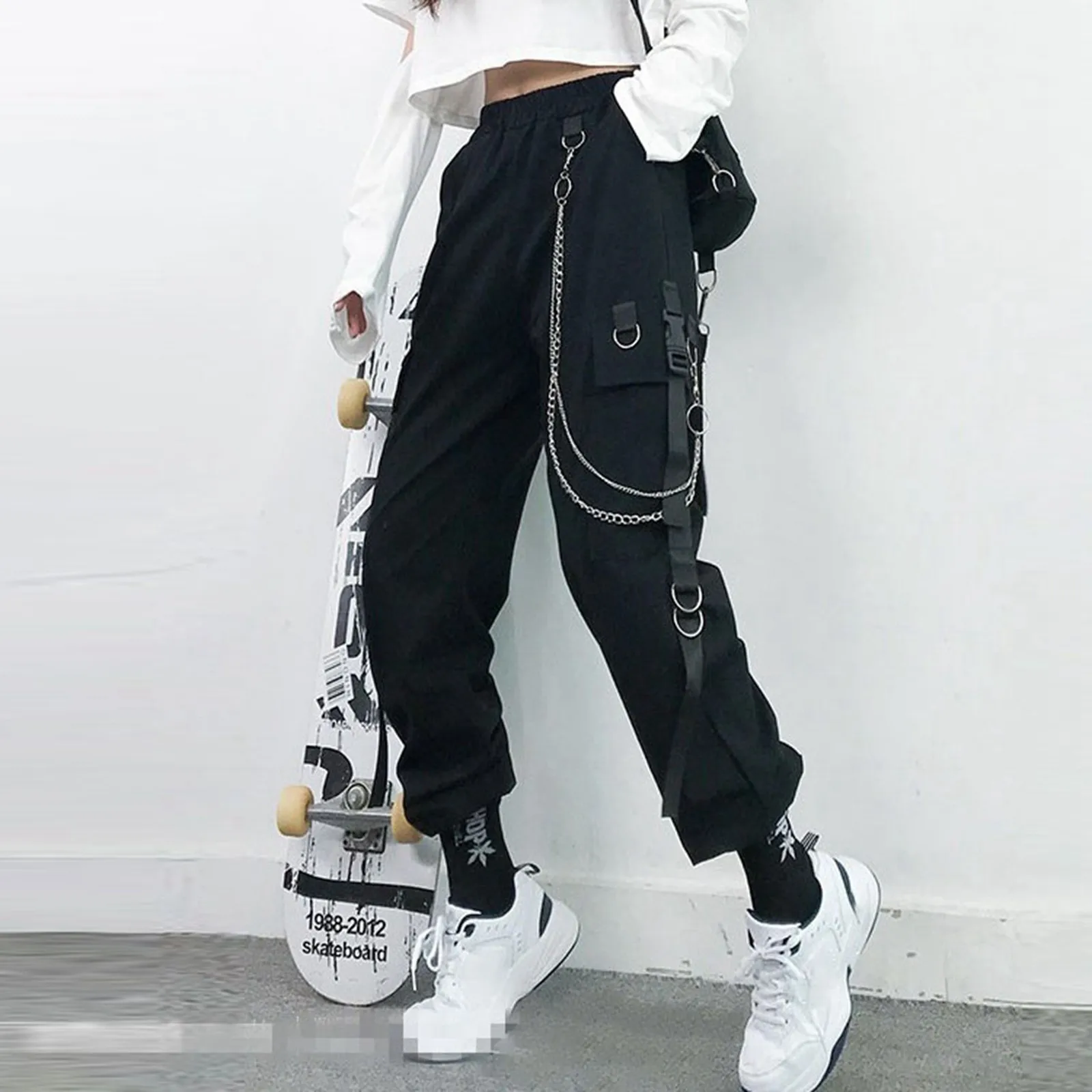 

Women Cargo Pants 2024 Harem Pants Fashion Punk Pockets Jogger Trousers With Chain Harajuku Elastics High Waist Streetwear