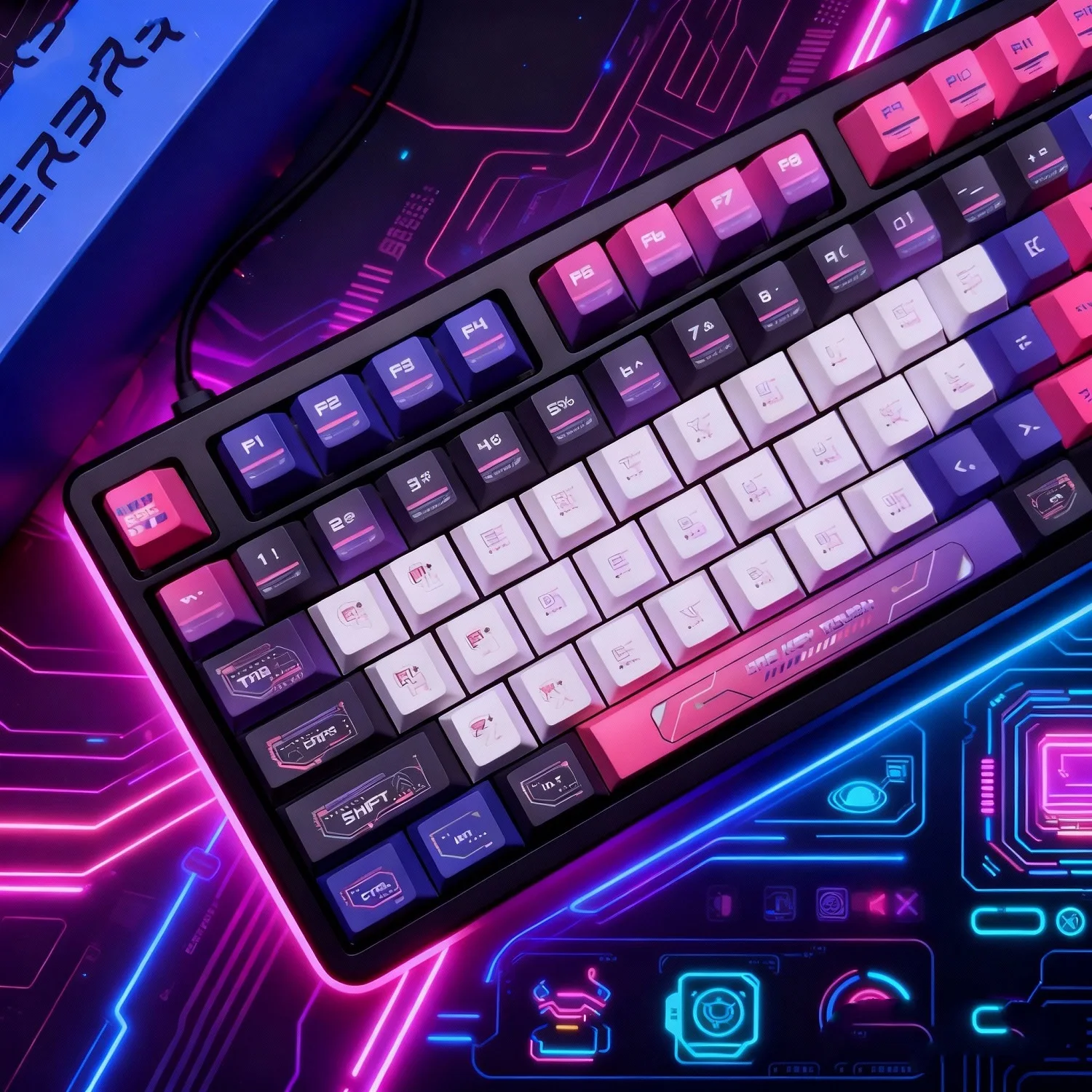 คีย์แคปคีย์บอร์ดแบบกลไก Ultimate Cyber PBT Dye-Sublimation ชุด 130 ชิ้น บรรจุกล่องและถุง ใช้ได้กับคีย์บอร์ดมาตรฐานส่วนใหญ่