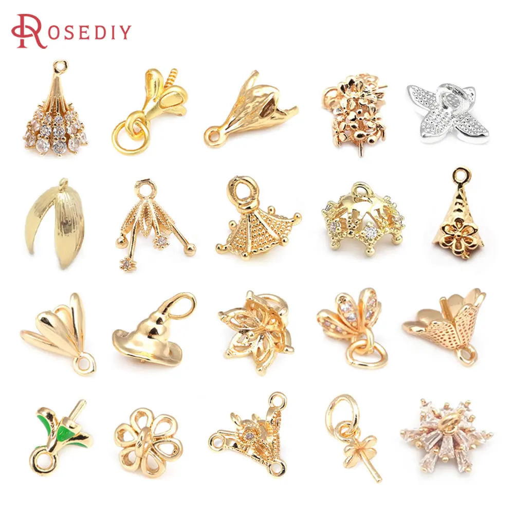 18K Gold Color Brass Flower Half Hole Beads Caps Charms Connector Necklaces Jewelry Making Supplies Diy Findings Accessories