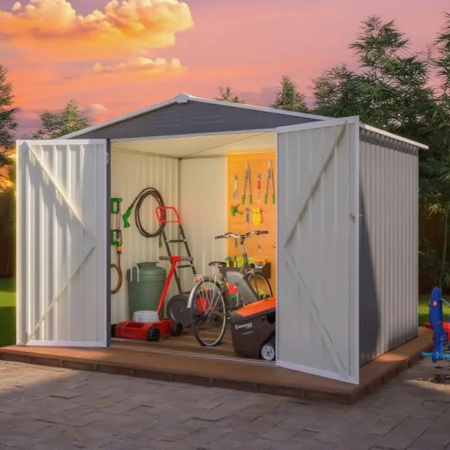 

Outdoor storage metal shed for garden, patio, lawn: grey steel with aluminum frame, sloping roof, lockable doors, easy assembly