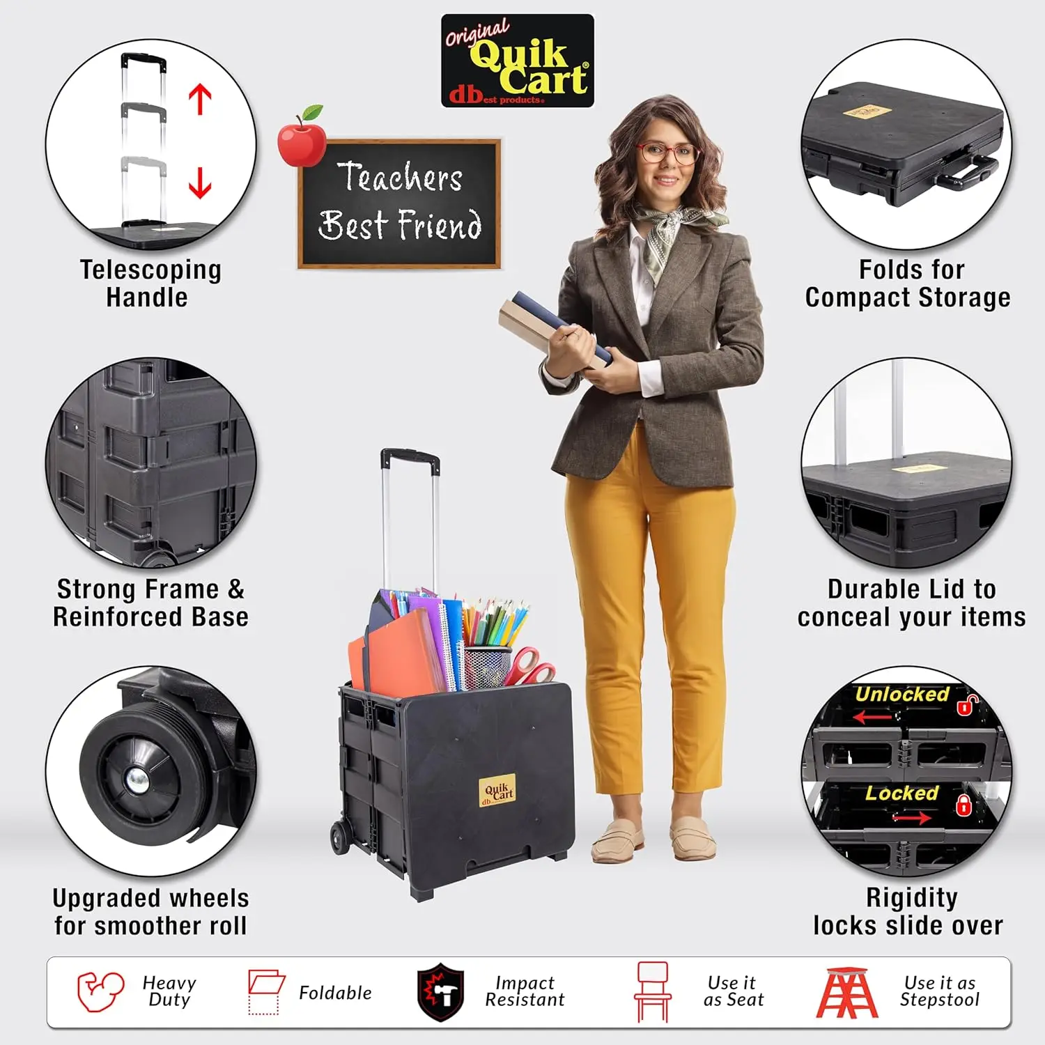 صندوق دوار قابل للطي بعجلات، سعة 80 رطلاً، بلاستيك عالي التحمل، أسود - مثالي للمعلمين والاستخدام المكتبيين #2